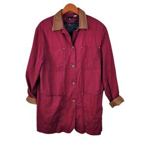 Vintage Barn Jacket Chore Coat Medium Red Leather Trim Removable Liner Warm
